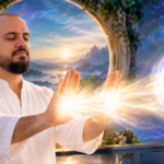Imagem de um homem de roupa branca, projetando luz para o Planeta Terra por meio de suas mãos.