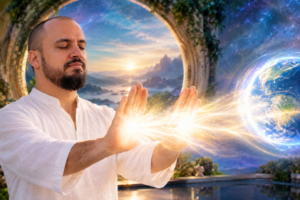 Imagem de um homem de roupa branca, projetando luz para o Planeta Terra por meio de suas mãos.