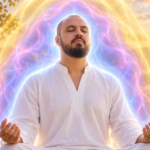 a imagem mostra um homem meditando e em torno dele campos energéticos
