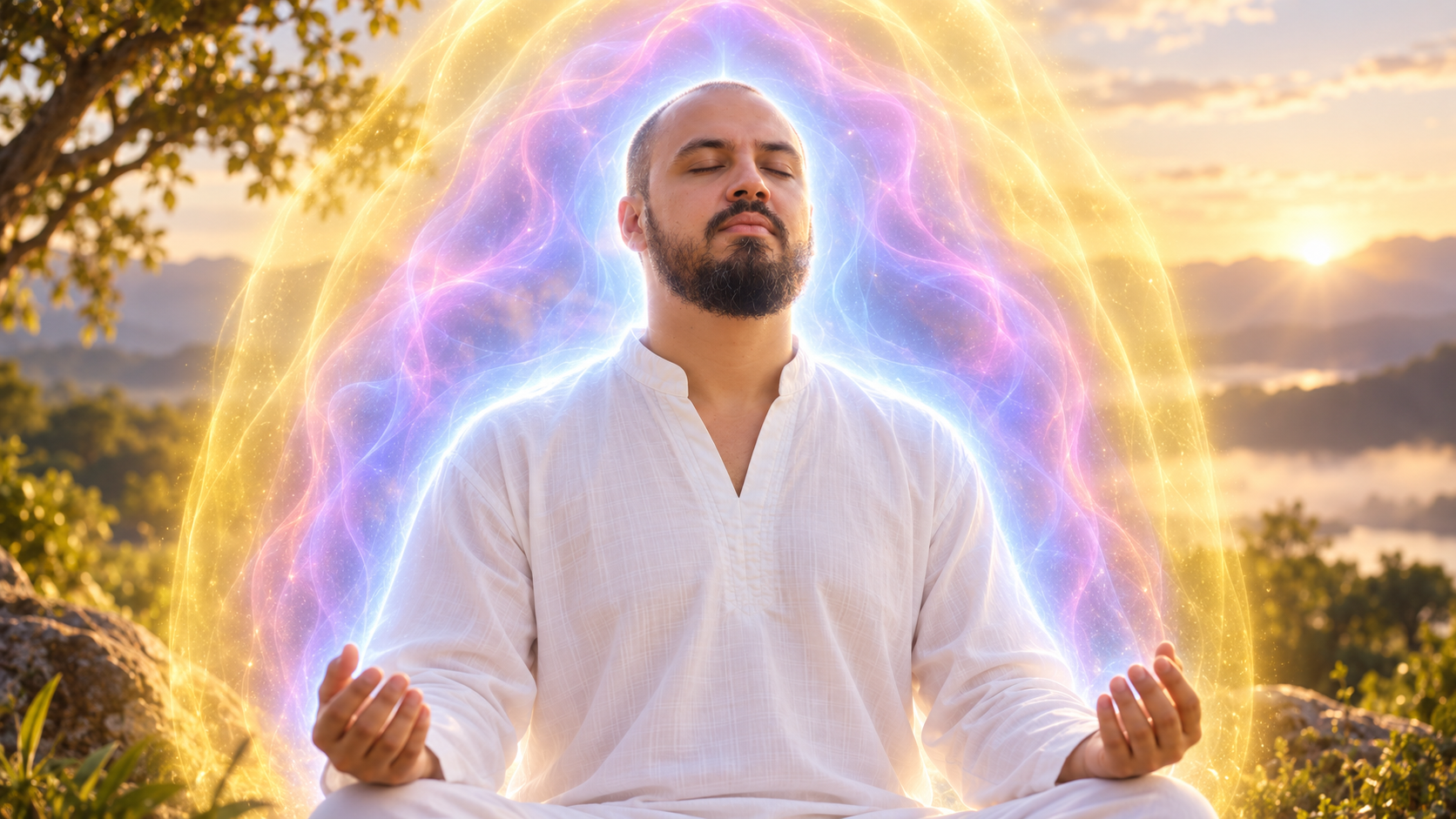 a imagem mostra um homem meditando e em torno dele campos energéticos