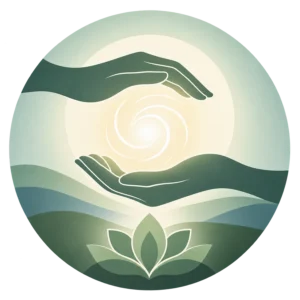 Ilustração simbólica minimalista de mãos em posição de aplicação de Reiki envolvendo uma luz suave, representando o Retiro de Formação de Mestres Reiki do IPIS.