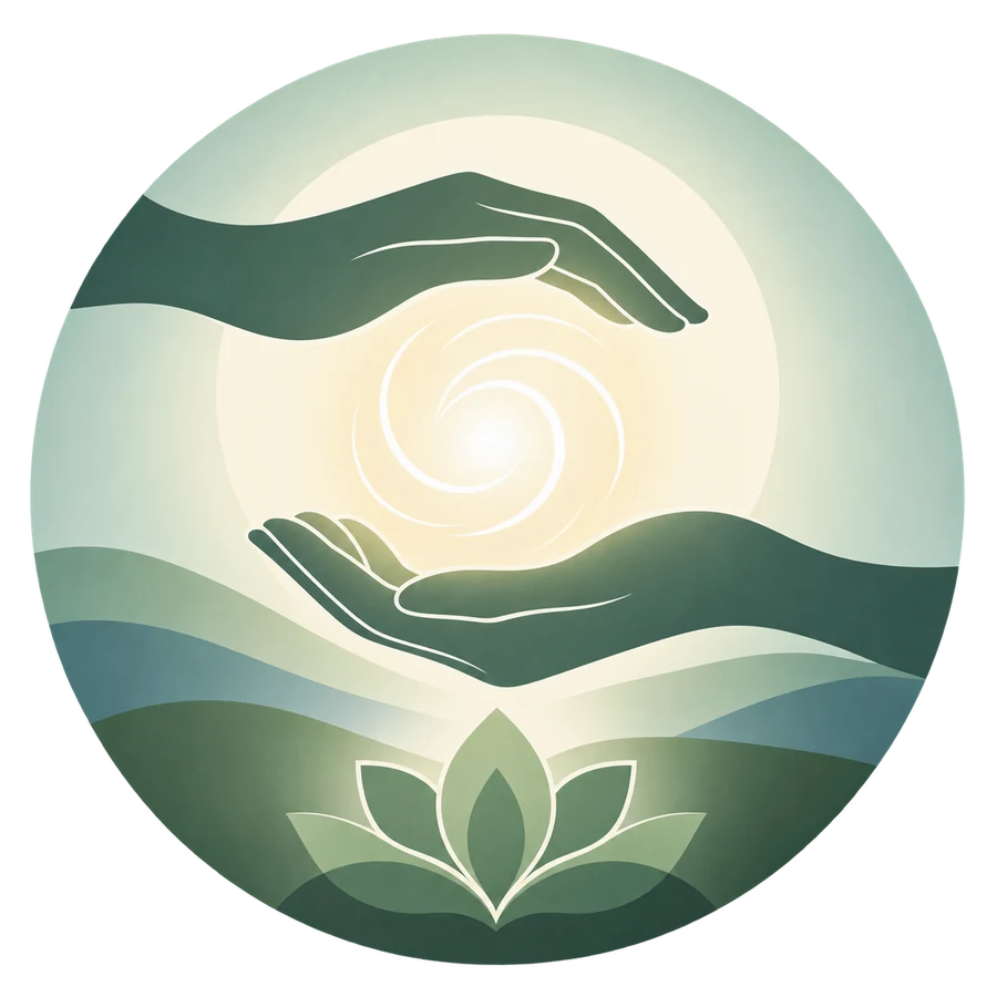 Ilustração simbólica minimalista de mãos em posição de aplicação de Reiki envolvendo uma luz suave, representando o Retiro de Formação de Mestres Reiki do IPIS.