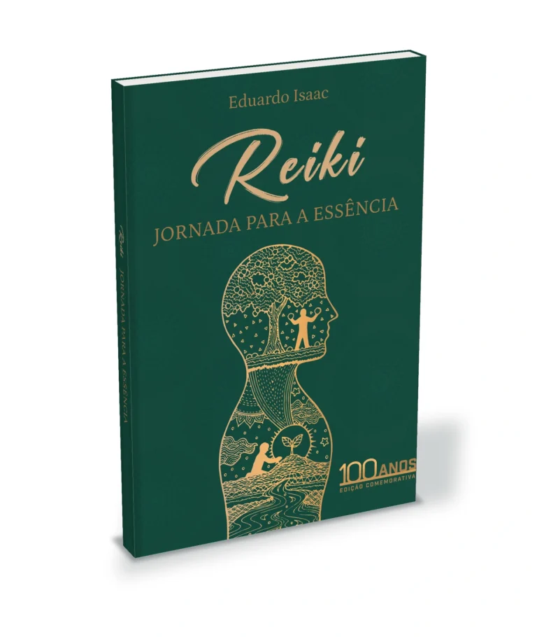 Mockup ilustrativo em perspectiva do livro Reiki: Jornada para a Essência, de Eduardo Isaac, com a capa verde oficial, lombada e páginas.